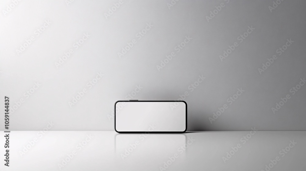 Poster a minimalist rectangular object sits on a smooth surface against a plain wall, creating a modern and