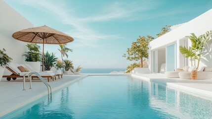 Fototapeta premium A Modern Minimalist White Pool Area in Spain: Sunlit Oasis with Umbrella and Ladder