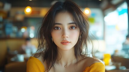 A young woman with long dark hair and a yellow shirt looks directly at the camera in a cafe.