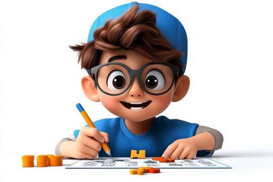 a 2D cartoon illustration of a student working on a math puzzle focused and smart white background