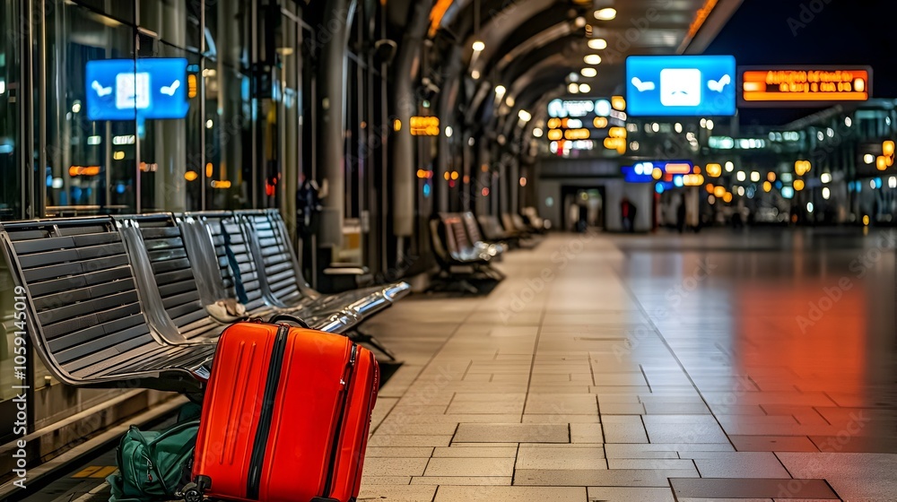 Poster lone suitcase sitting on a terminal bench under dim lighting with a digital flight canceled sign nea