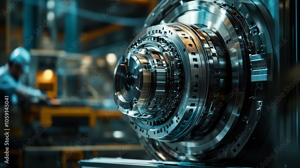 Poster a highly detailed close-up of a metallic mechanical component with intricate designs, set in an indu
