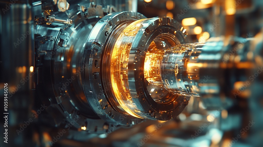 Poster a close-up view of a mechanical turbine component, showcasing intricate details and glowing metallic