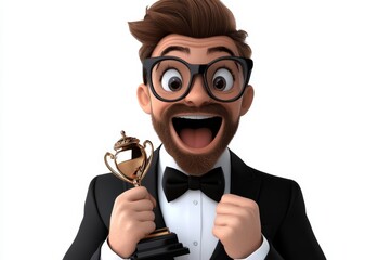 a 2D cartoon illustration of a teacher holding an award for best teacher positive and proud white background