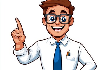 a 2D cartoon illustration of a teacher pointing to a world map teaching geography informative and fun white background