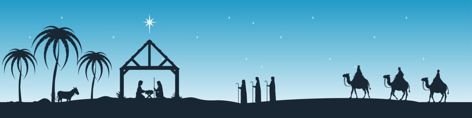 Wise men from the east ride camels in search of the Star of Bethlehem to find the born Jesus Christ. The shepherds also go to the newborn Jesus. 