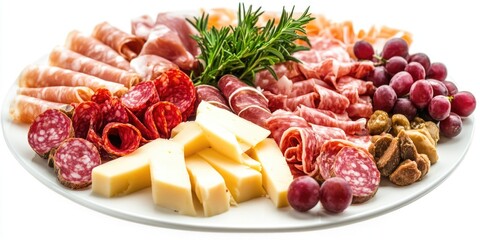 Variety of Italian cured meats, cheeses, grapes on white plate. Gourmet appetizer.