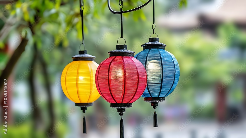 Poster colorful lanterns hanging in garden plain textured background for web design and copy