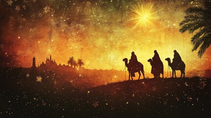 silhouette of the 3 wise men in the desert on their camels guided by a star