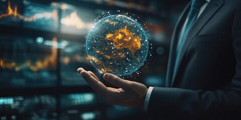 Fototapeta premium A man in a suit holding a holographic device with digital information, symbolizing global technology and finance.