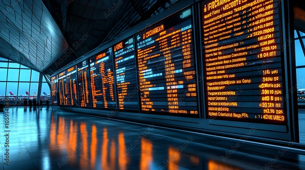 Aufkleber Nighttime scene of an empty airport terminal hallway with illuminated digital screens displaying  Flight Canceled  notices showcasing the infrastructure and technology of modern air travel