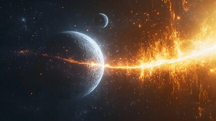 Obraz premium Ethereal Cosmic Bond A Distant Planet and Its Moon Connected by Glowing Energy Bridge in a Mysterious Galaxy