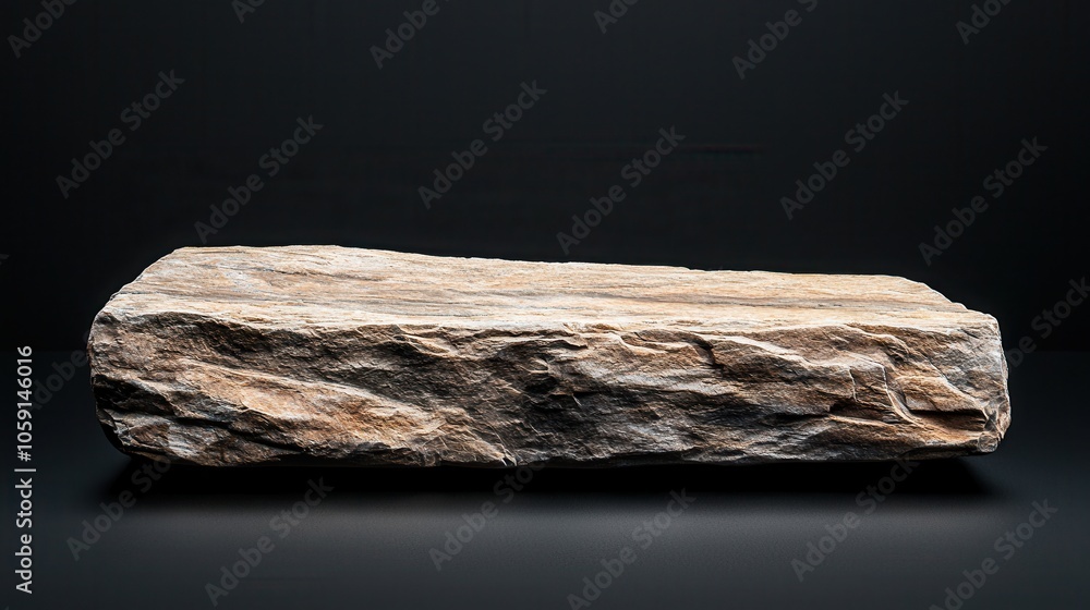 Poster an intricately textured stone block, showcasing unique patterns and natural striations on a dark bac