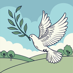 A white dove carrying an olive branch, a symbol of peace and hope, soaring through a clear blue sky. The dove's graceful flight and the green foliage represent new beginnings and tranquility.