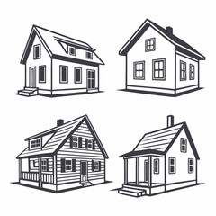A set of four black and white illustrations of different houses. The houses are drawn in a simple, vintage style, perfect for use in design projects, branding, or illustrations.