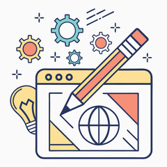 A colorful and playful illustration of a website design concept with a pencil, gears, and a light bulb. This graphic is perfect for blogs, websites, or presentations about web design, creativity.