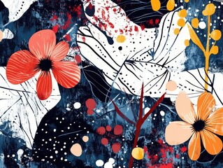 Artistic, nature-inspired floral abstract artwork featuring vibrant colors and a painterly style. Perfect for home decor or contemporary interior design.