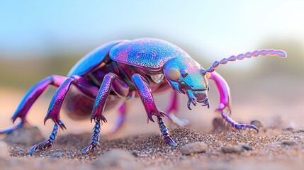 A vibrant, metallic purple beetle with shimmering colors crawling on sandy terrain. - Powered by Adobe