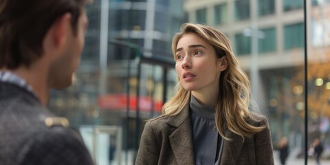 Obraz premium An image depicting a businesswoman in an office setting, engaged in a professional conversation.