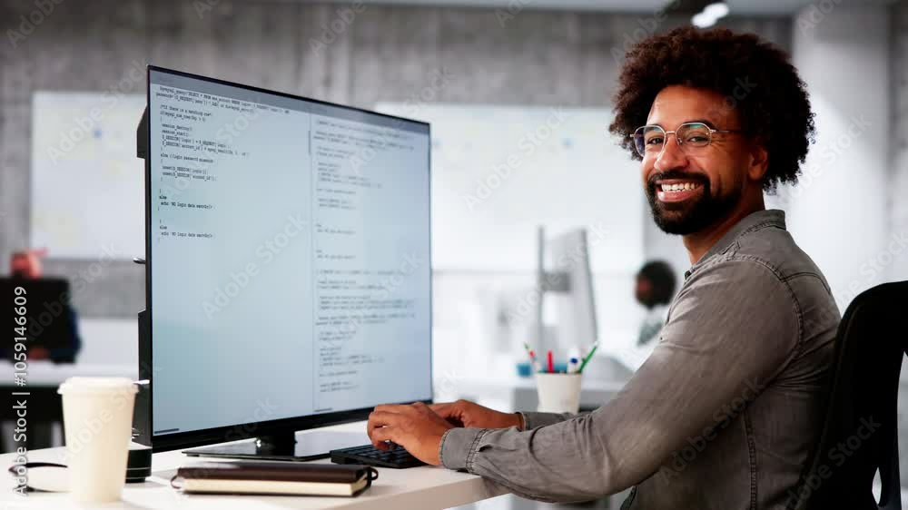 Aufkleber African American Coder Using Computer At Desk