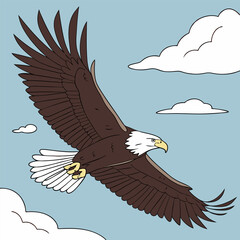 A majestic bald eagle soars through the sky, its wings spread wide against a backdrop of fluffy clouds. This illustration captures the power and grace of this iconic bird of prey.