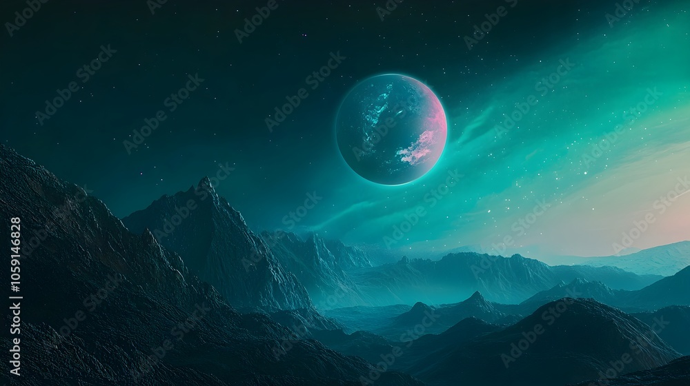 Wall mural majestic alien planet with vibrant aurora and soft lunar glow across mountainous landscape