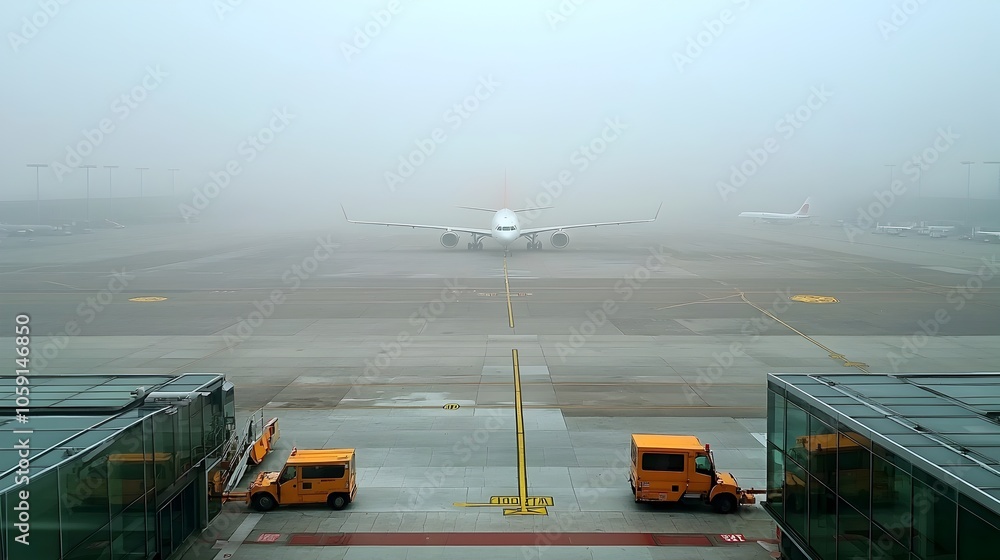 Poster panoramic view of a foggy airport runway through large glass windows with several stationary planes 