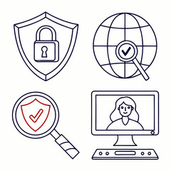 A simple line drawing illustration depicting various security concepts, including a shield with a padlock, a magnifying glass with a check mark, and a computer with a user profile.