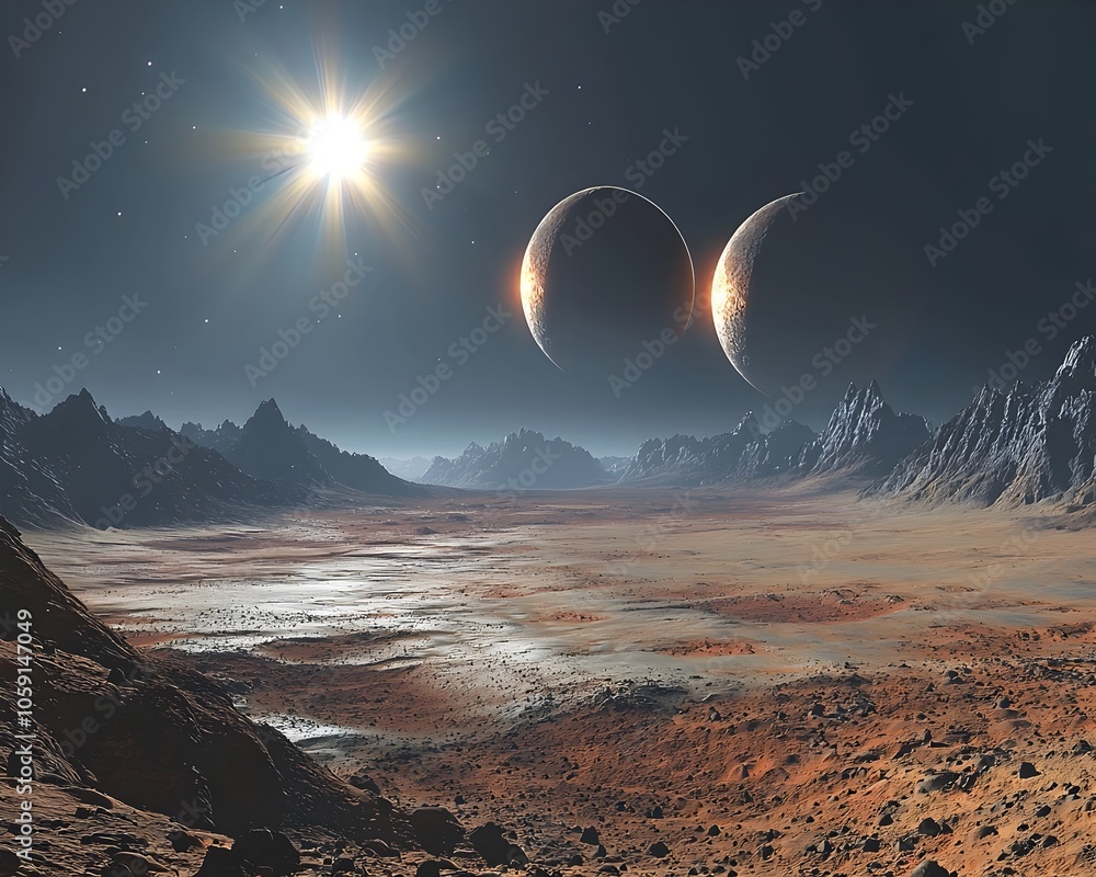 Poster alien desert planet orbiting binary star system with moons reflecting twin suns light