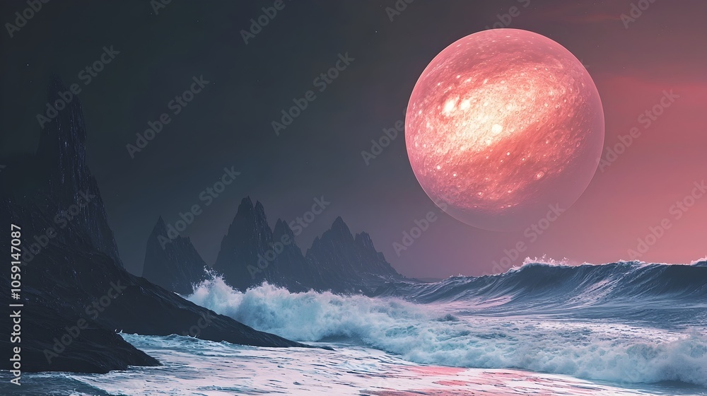 Poster alien planetary landscape with massive glowing moon controlling enormous crashing waves against alie