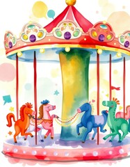 Abstract watercolor carnival carousel with whimsical animals