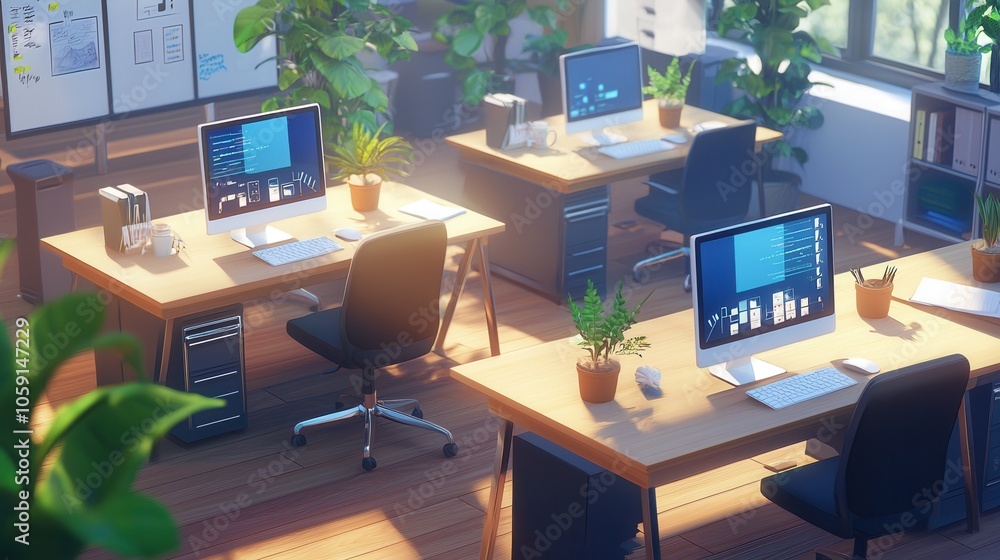 Poster bright and modern office space featuring multiple workstations with greenery and computers, creating
