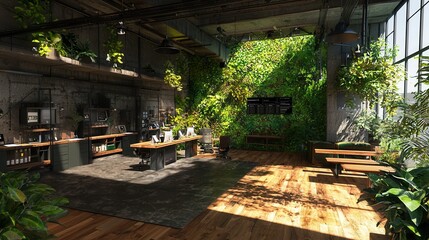 Obraz premium Modern office space with lush greenery, wooden floors, and industrial design, creating a bright, inviting atmosphere.