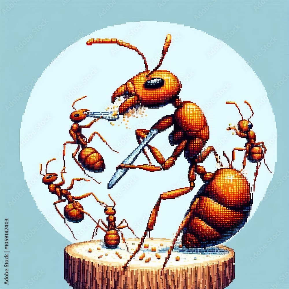 Poster ant's segments in pixelated form pixel art;