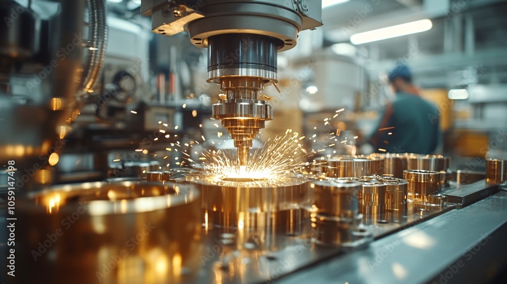 Poster a precision milling machine cuts metal parts, creating sparks in a busy workshop filled with machine
