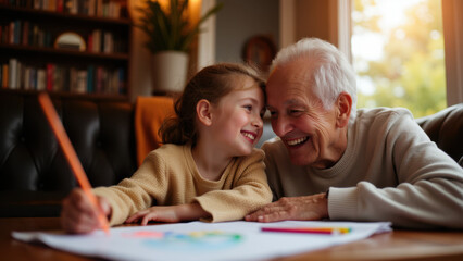 A joyful moment shared between a young girl and an elderly man as they look at drawings on paper.