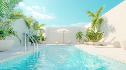A Modern Minimalist White Pool Area in Spain: Sunlit Oasis with Umbrella and Ladder