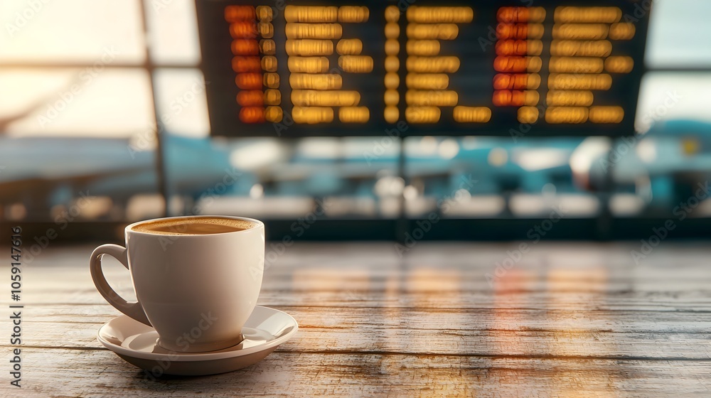 Aufkleber overhead view of a white coffee cup on an empty wooden table in an airport lounge with a digital dep