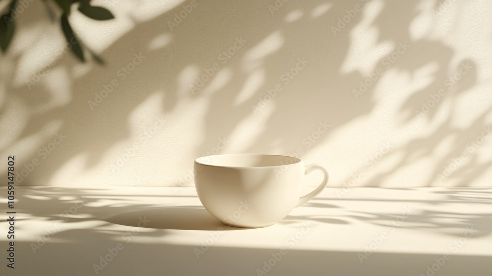 Poster a minimalistic cup is bathed in soft light, casting gentle shadows on a textured surface, creating a