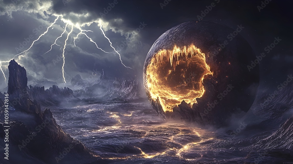 Poster cataclysmic moon orbiting turbulent planet with swirling storms and flashing lightning