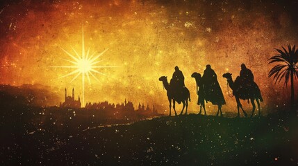 silhouette of the 3 wise men in the desert on their camels guided by a star