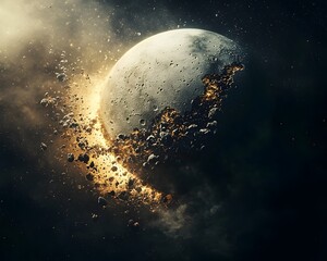 Naklejka premium Disintegrating Moon Orbiting Dying Planet Cosmic Era s End Symbolized in Drifting Debris