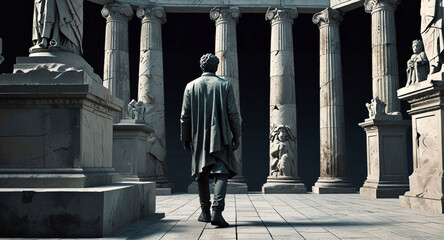 Digital illustration of a wanderer in a realm of ancient statues, painted in a modern art style