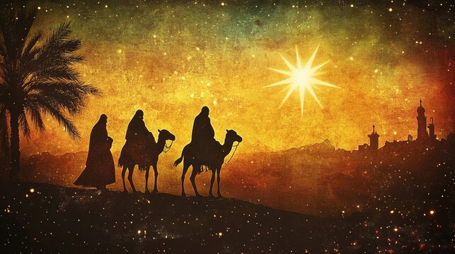 silhouette of the 3 wise men in the desert on their camels guided by a star