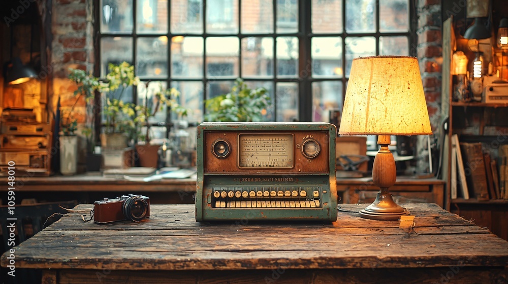 Poster a vintage radio sits on a rustic table illuminated by a warm lamp, surrounded by plants and a large 