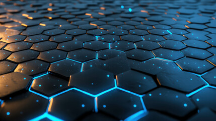 Obraz premium Hexagon Abstract: A mesmerizing abstract background featuring a repeating pattern of hexagonal shapes, rendered in a futuristic, metallic aesthetic with glowing blue lines.