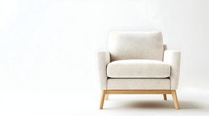 Fototapeta premium Minimalist Scandinavian Style Armchair with Light Wood Legs and Neutral Fabric Upholstery on White Background
