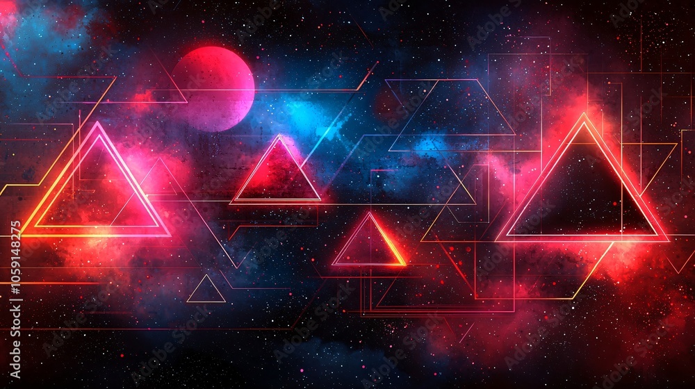 Poster a vibrant cosmic scene featuring glowing triangles against a backdrop of colorful nebulae and celest