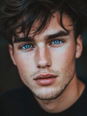 Obraz premium A young man with blue eyes and freckles. He has a stylized haircut and is wearing dark clothing.