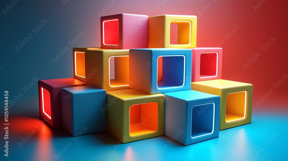 Poster vibrantly colored blocks arranged in a pyramid, illuminated from within, set against a gradient blue